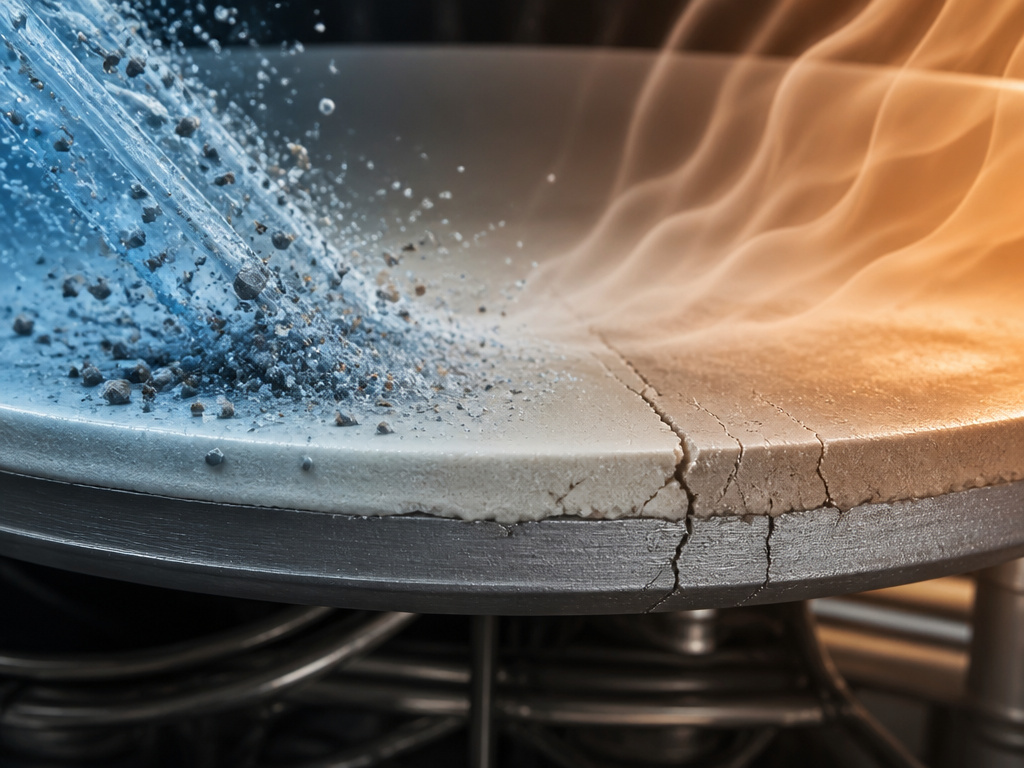 Microscopic damage from dishwasher detergent and heat on ceramic cookware coating.