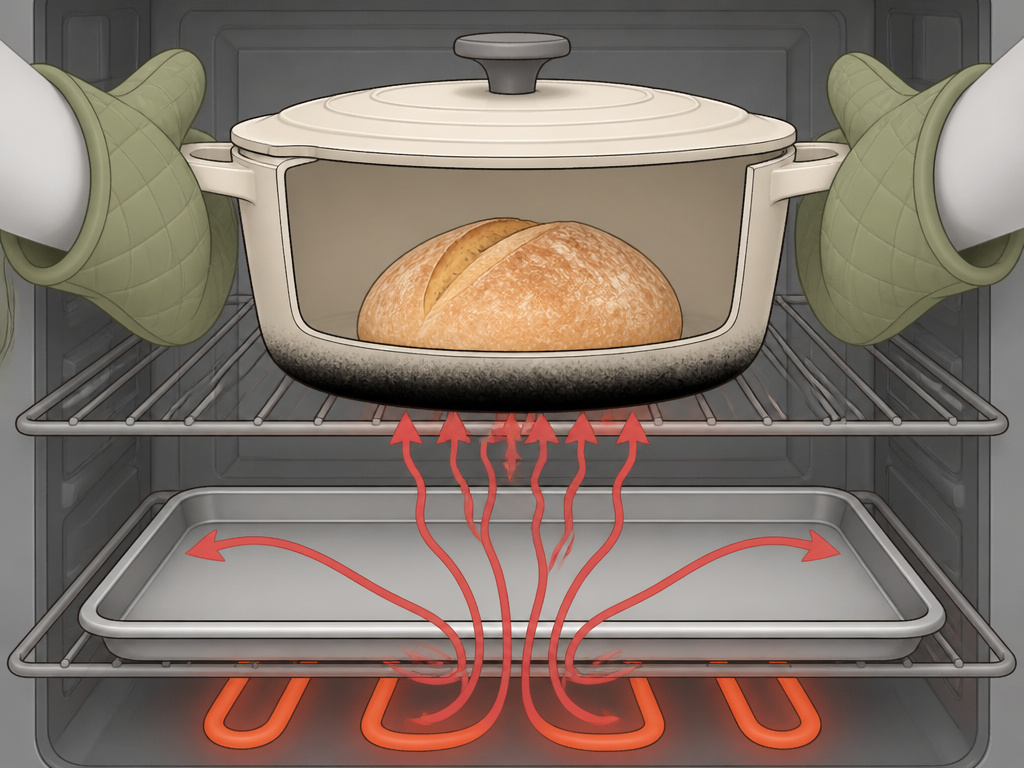 Using a baking sheet as a heat shield under a Dutch oven to prevent burning.